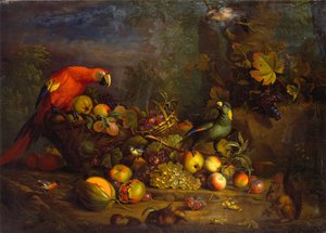 Papegaaien en fruit met andere vogels en een eekhoorn